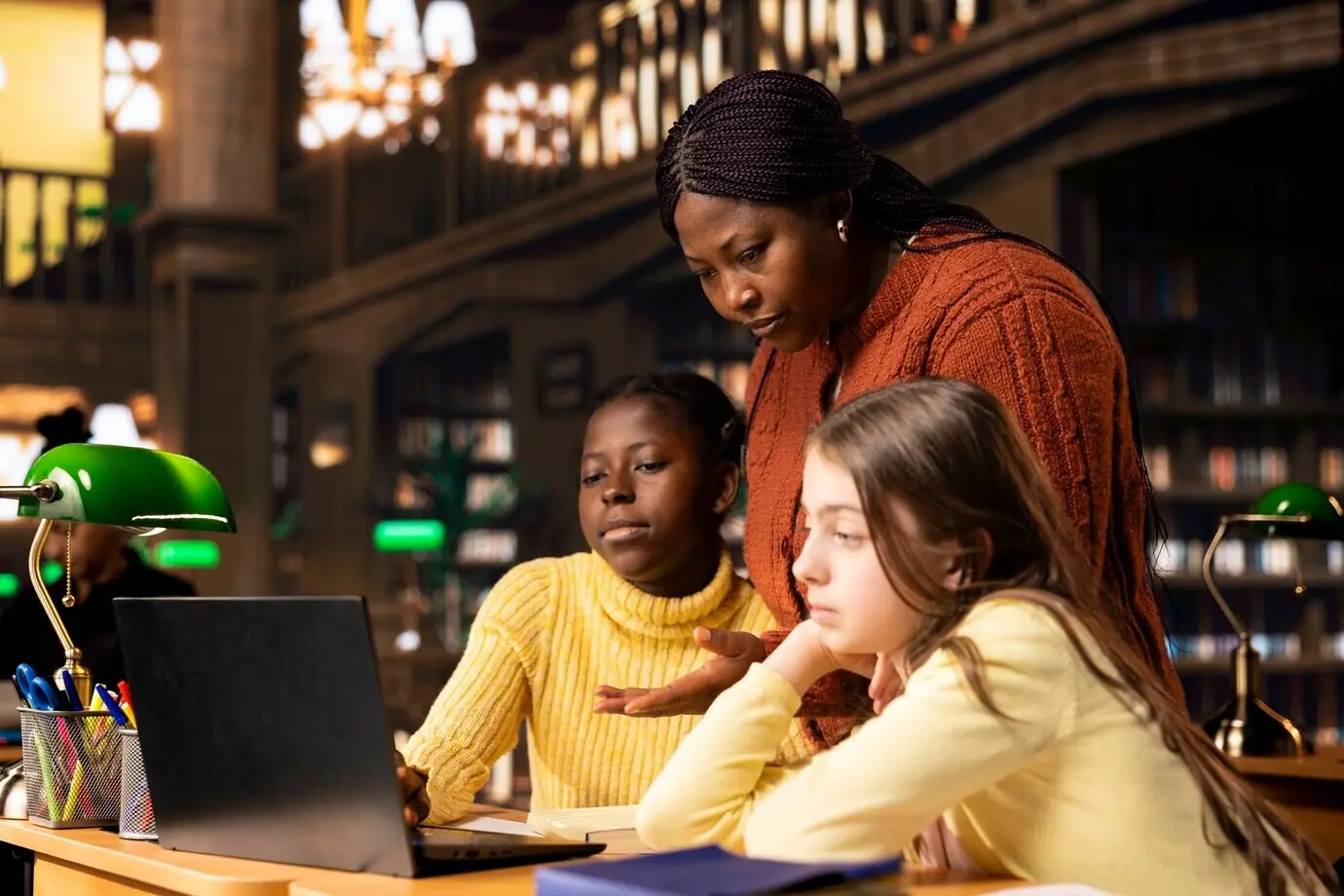 Zwei Grundschulkinder arbeiten mit einem Tutor und üben Mathematik.