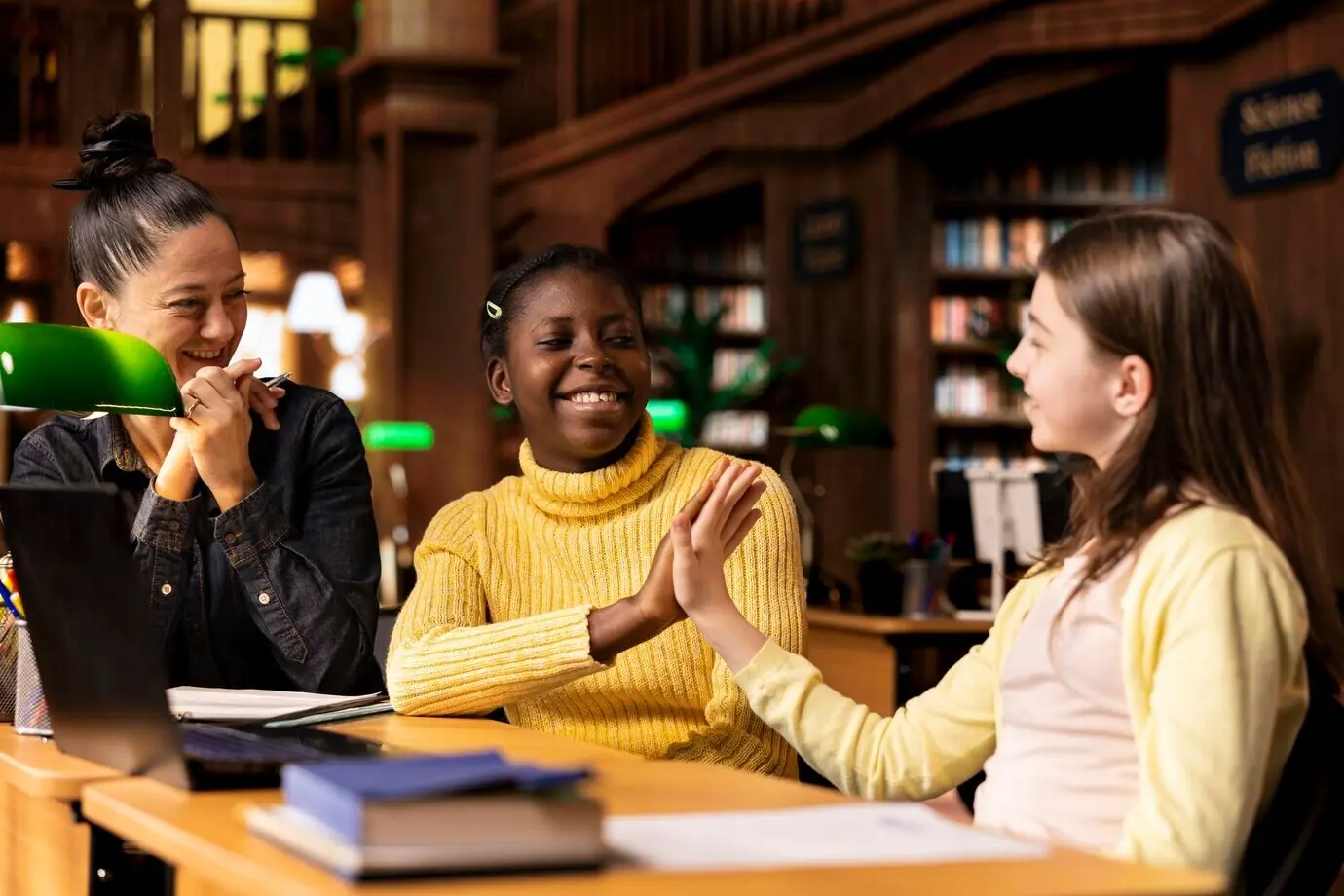 Zufriedene, fröhliche Schülerinnen geben sich während des Privatunterrichts mit einem Tutor ein High-Five.